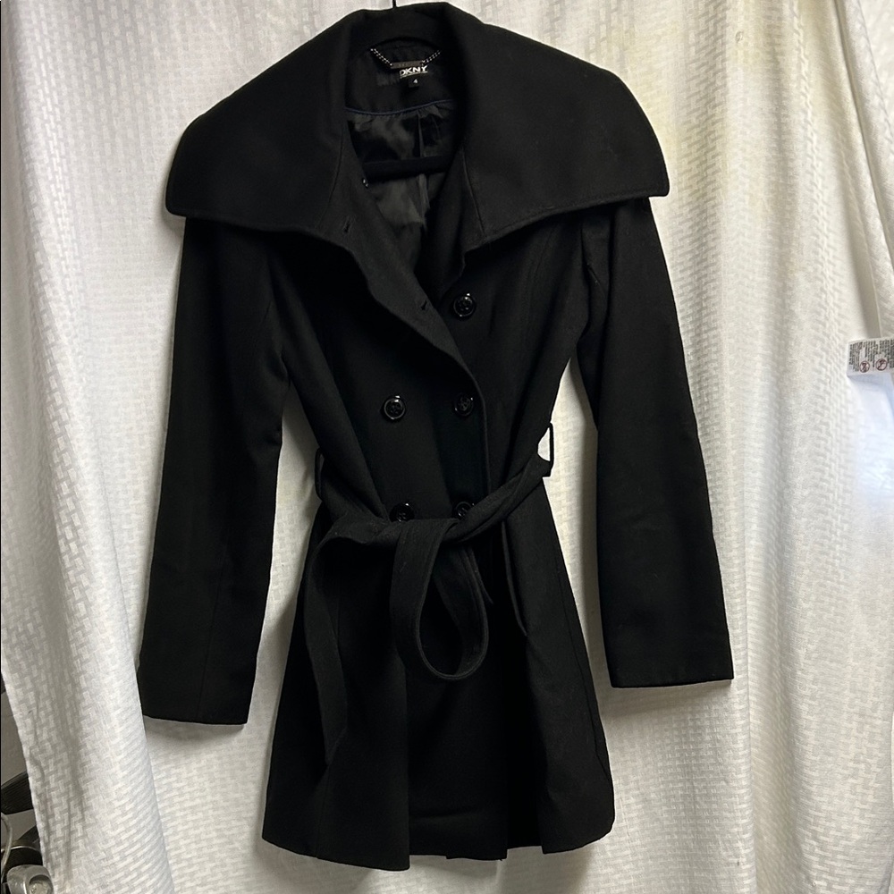 DKNY Black Double-Breasted Trench Coat with Belted Waist